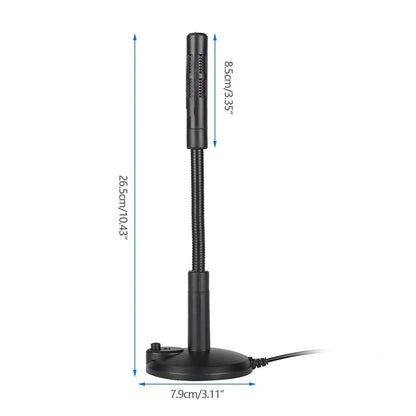 Black usb desktop microphone with flexible gooseneck and circular base for omnidirectional pc laptop gaming recording chatting