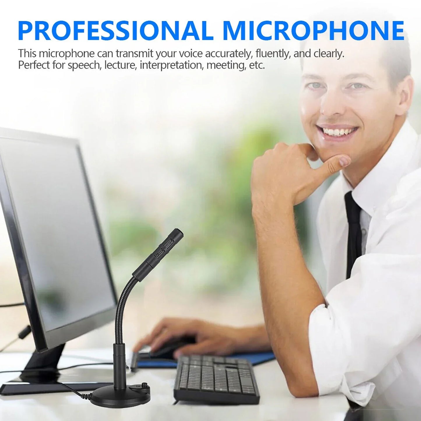 Black gooseneck usb desktop microphone with flexible arm and circular base for omnidirectional pc laptop gaming recording chatting