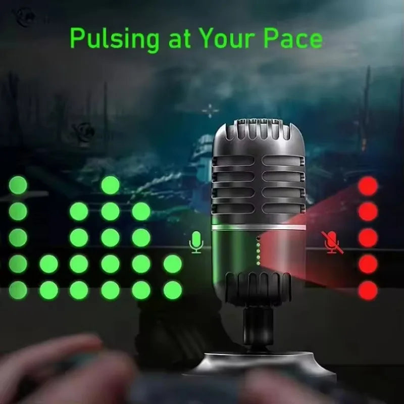 Vintage-style silver usb dynamic microphone with green and black body and retro grille for live streaming and studio recording on desktop laptop computer