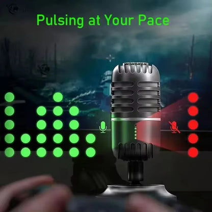 Vintage-style silver usb dynamic microphone with green and black body and retro grille for live streaming and studio recording on desktop laptop computer