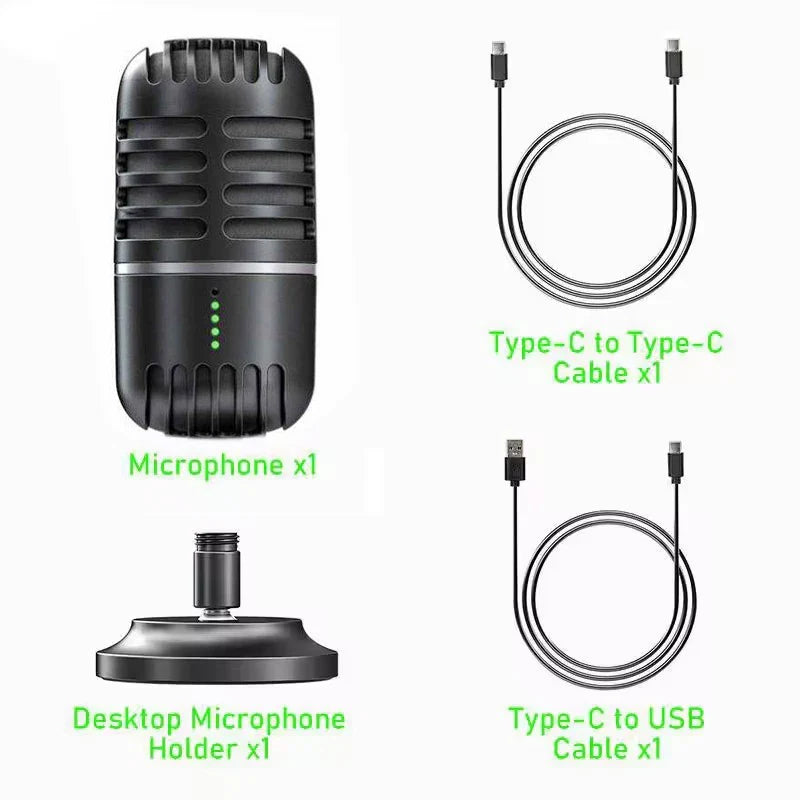Black vintage-style usb dynamic microphone with metallic accent and rgb light for live streaming and studio recording on desktop laptop computer