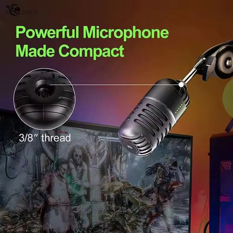 Black compact usb dynamic microphone with vintage-style grille and metallic finish for live streaming and studio recording on desktop laptop computer