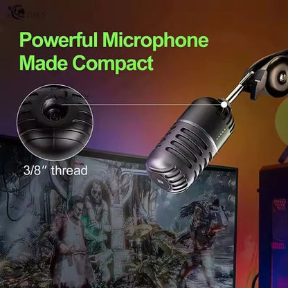 Black compact usb dynamic microphone with vintage-style grille and metallic finish for live streaming and studio recording on desktop laptop computer