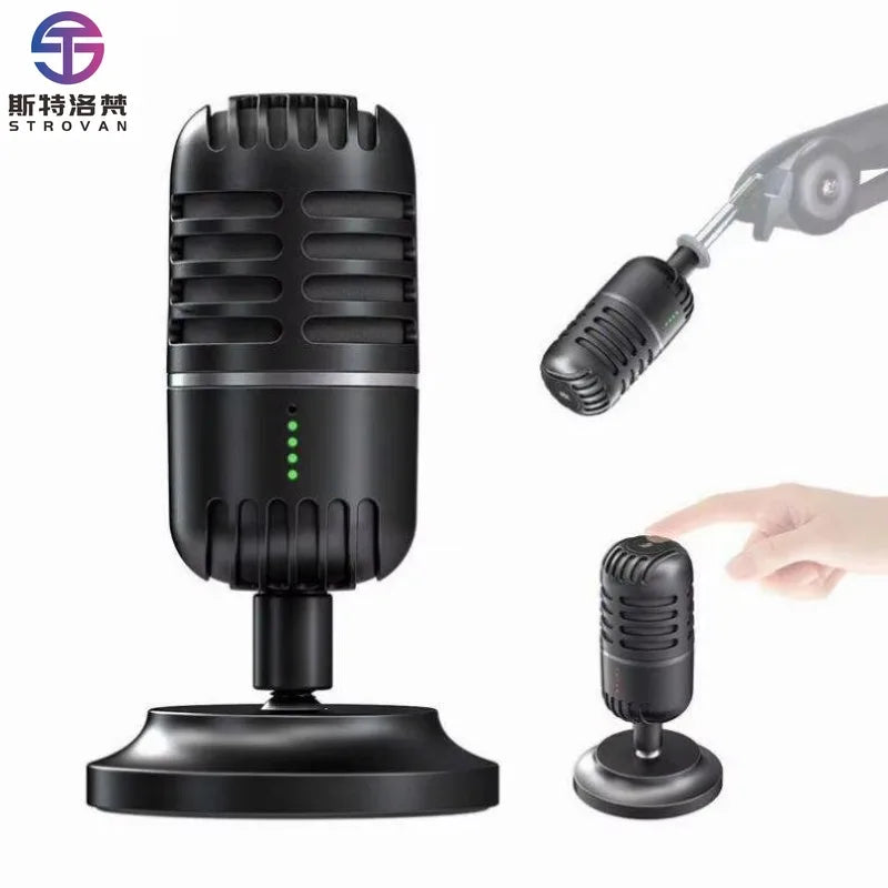 Black vintage-style USB dynamic microphone with silver accent ring and green LED lights for live streaming and studio recording on desktop laptop computer