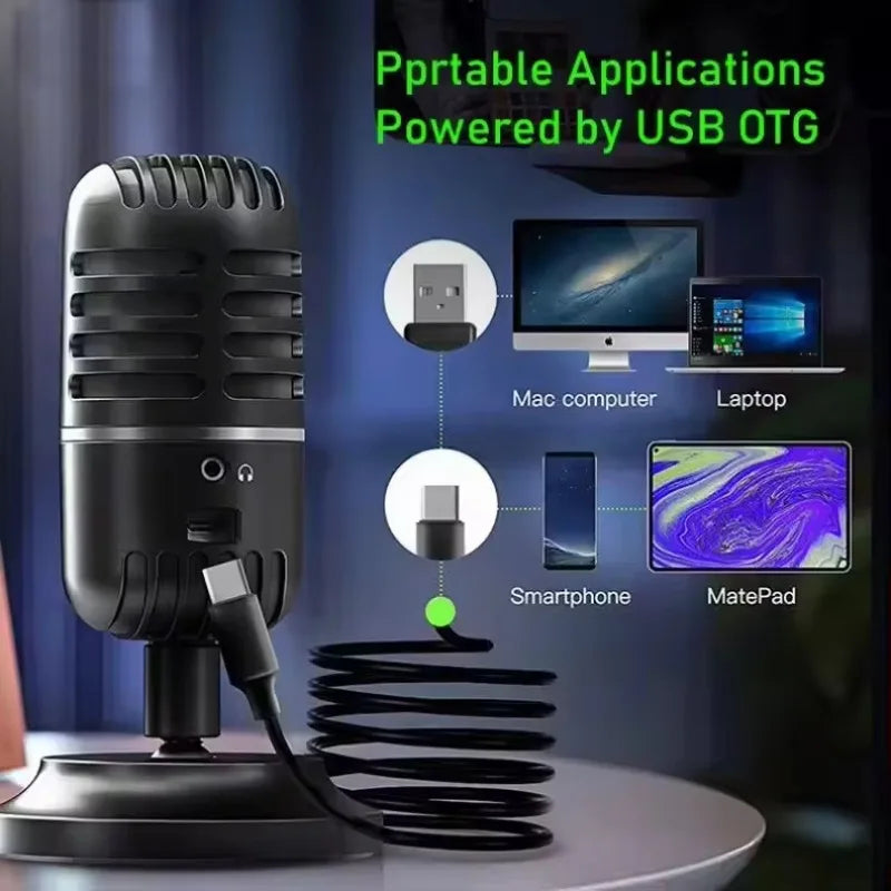 Black vintage-style usb dynamic microphone with coiled cable and metallic accents for live streaming and studio recording on desktop laptop computer