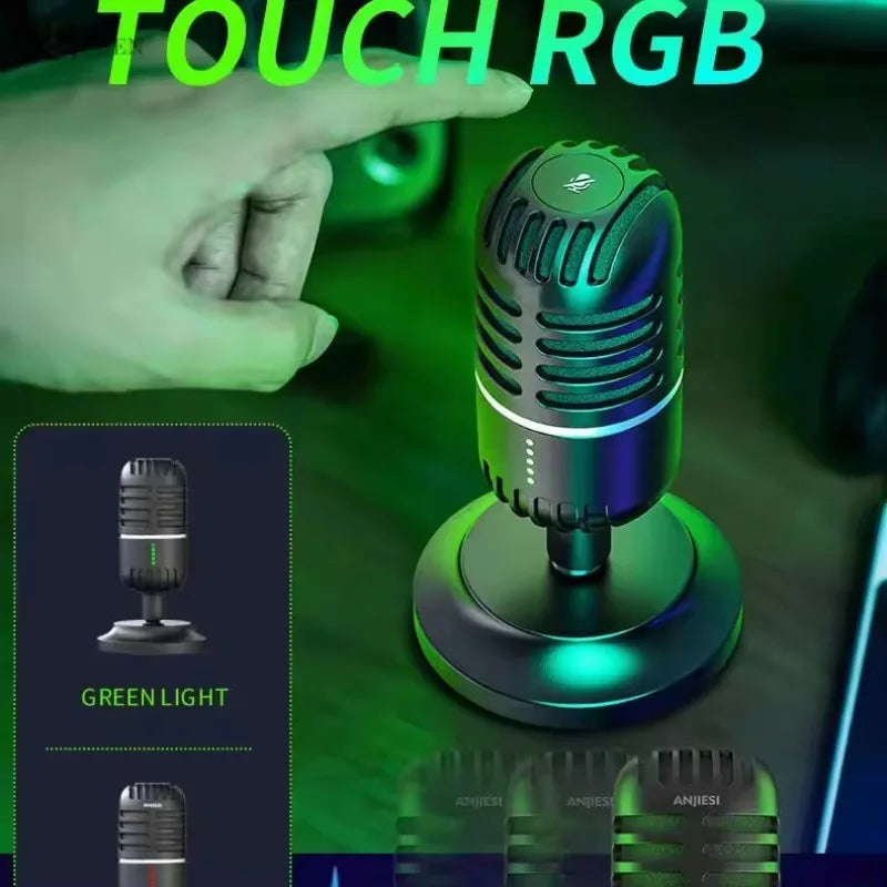 Black and silver vintage-style usb dynamic microphone with rgb lighting for live streaming and studio recording on desktop laptop computer