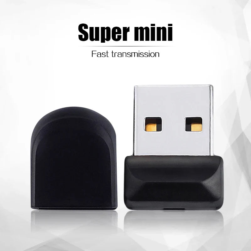 Black super mini usb flash drive with silver metal connector and gold contacts for pendrive external storage use