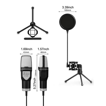 Black usb gaming microphone with silver mesh grille rgb indicator tripod and gain control for computer recording live use