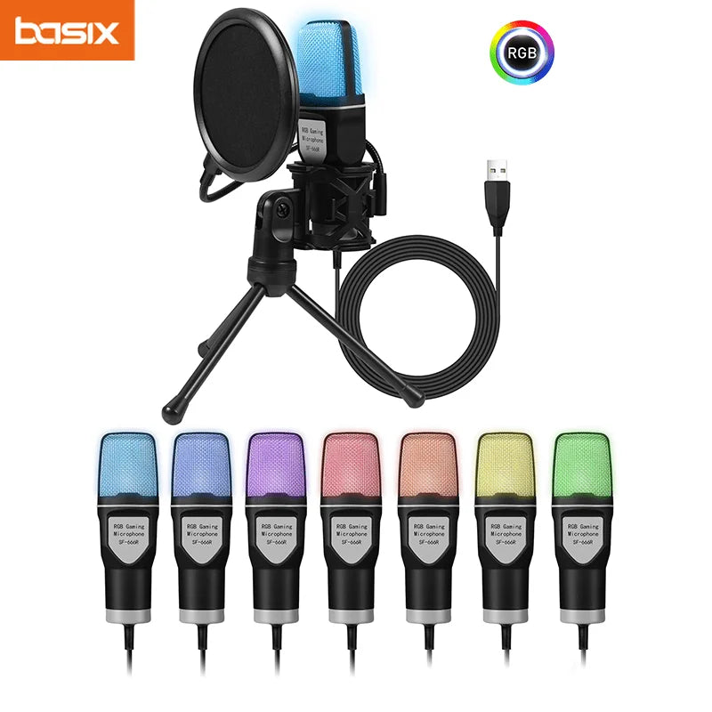 Black and blue usb gaming microphone with rgb indicator tripod and pop filter for computer recording live podcast use