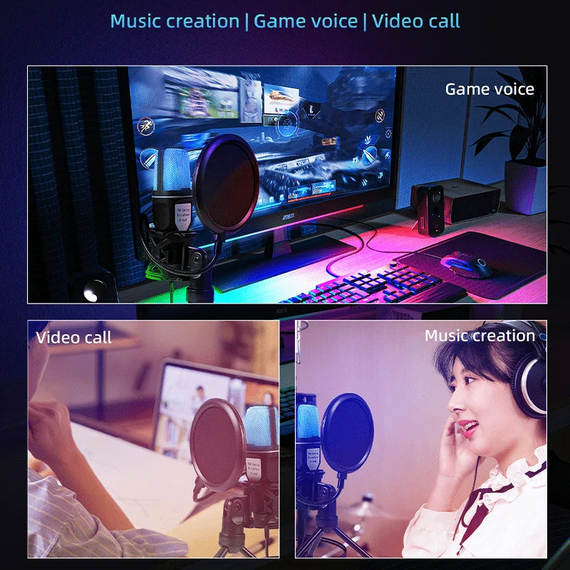 Black usb gaming microphone with circular pop filter rgb indicator tripod stand for computer recording live podcast