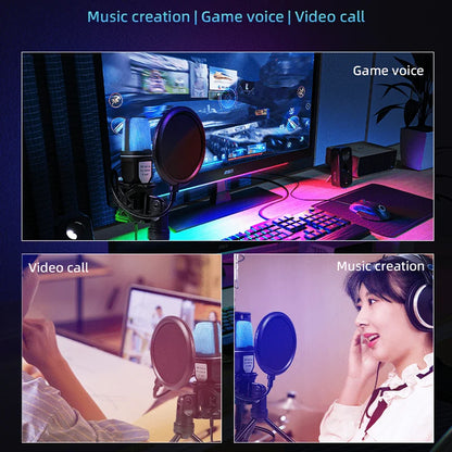 Black usb gaming microphone with circular pop filter rgb indicator tripod stand for computer recording live podcast