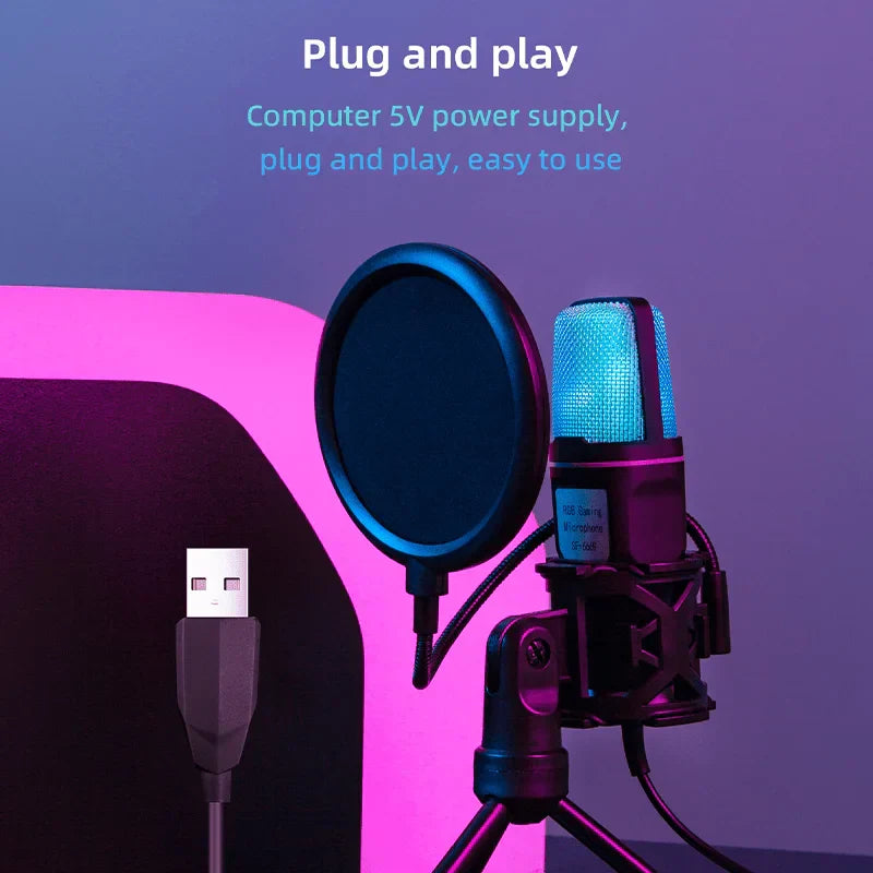 Blue-lit usb gaming microphone with rgb indicator tripod and pop filter designed for computer recording live podcast use