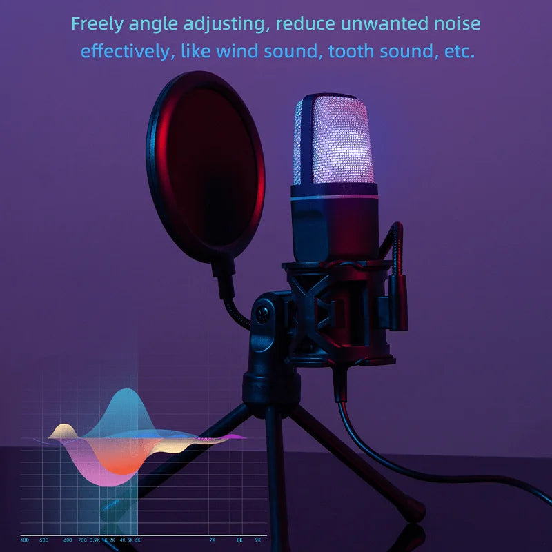 A sleek metallic usb gaming microphone with rgb indicator tripod and red pop filter for computer recording live podcast
