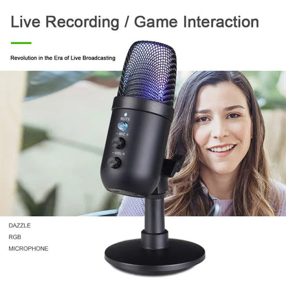 Black dazzle rgb usb gaming microphone with mesh grille, control knobs, headphone jack led, and noise cancellation features