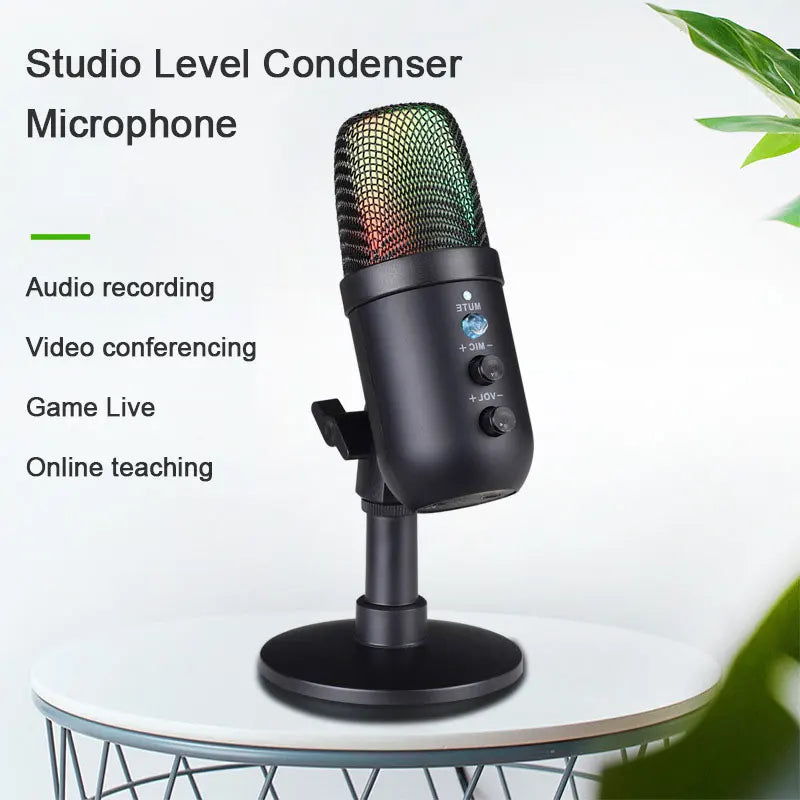Black condenser podcast mic with mesh grille, control knobs, headphone jack led, and mute button for usb gaming microphone