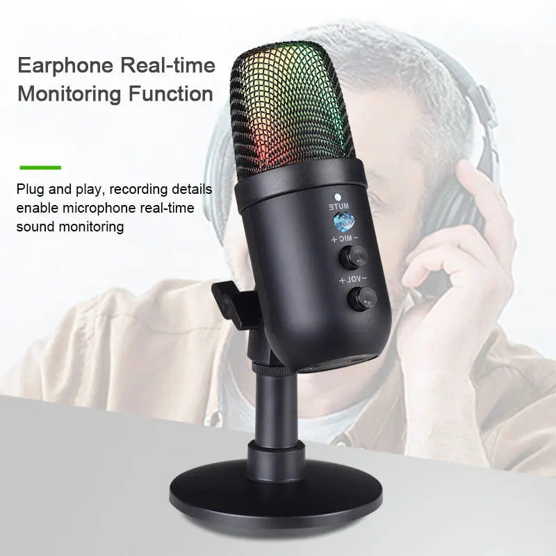 Black usb gaming microphone with mesh grille rgb lighting headphone jack led condenser podcast mic on stand