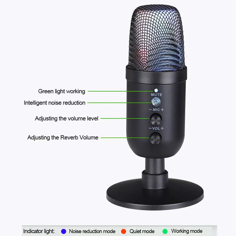 Black usb gaming microphone with metallic mesh grille, control knobs, headphone jack led, condenser podcast mic for studio use