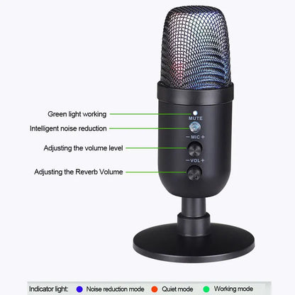 Black usb gaming microphone with metallic mesh grille, control knobs, headphone jack led, condenser podcast mic for studio use