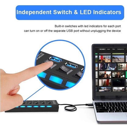Black usb hub 7 port multi usb splitter with independent switches and led indicators for laptop macbook accessories