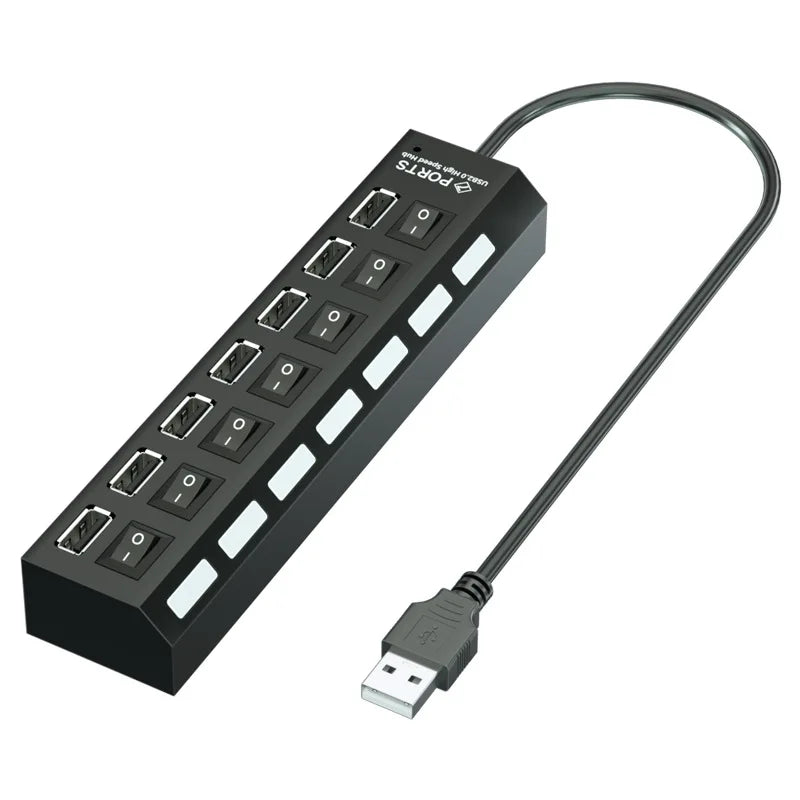 Black plastic usb hub with eight ports each with on off switch and indicator light multi usb splitter for laptop macbook accessories