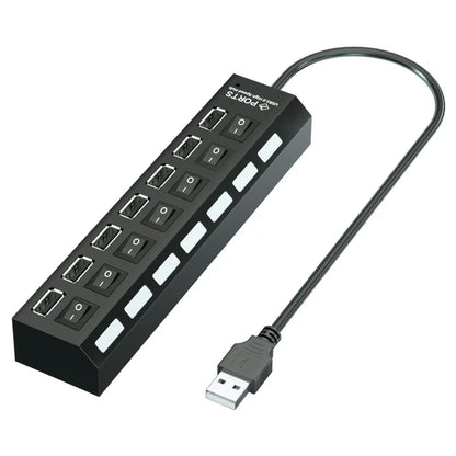Black plastic usb hub with eight ports each with on off switch and indicator light multi usb splitter for laptop macbook accessories