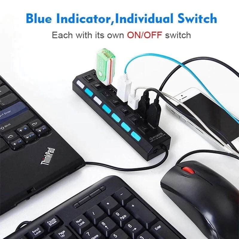 Black multi usb splitter power adapter with seven ports, blue indicator lights, and on off switches for laptop macbook accessories