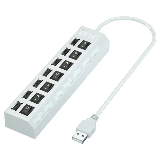 White plastic usb hub multi usb splitter with seven black power outlets and on off switches for laptop macbook accessories