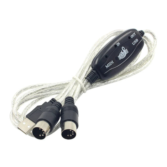 Black midi usb in-out midi adapter cable with silver connectors and central control unit for electronic keyboard converter use