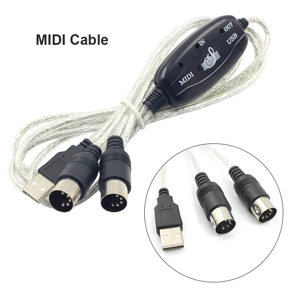 Black midi adapter cable set keyboard with usb in-out midi connectors and transparent braided sheath for music devices