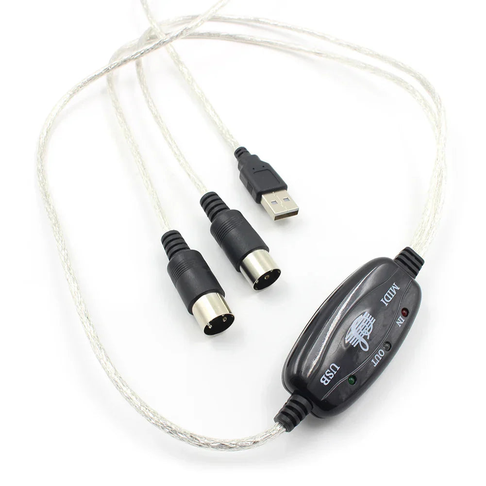 Black usb in-out midi adapter cable with silver braided cord and three connectors for cable set keyboard use
