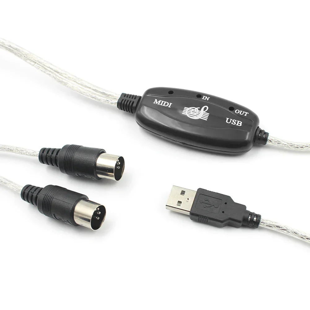 Black midi adapter cable set keyboard with silver metallic usb in-out midi connectors and transparent braided cables