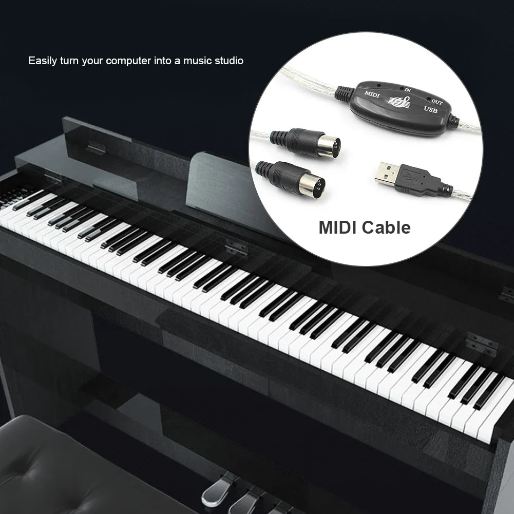 Black electronic keyboard with white and black keys featuring sleek design for usb in-out midi adapter cable set keyboard use