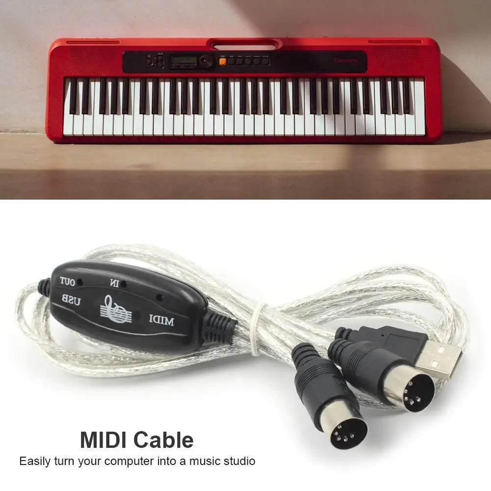 Red electronic keyboard with black and white keys paired with transparent usb in-out midi adapter cable set keyboard converter cord