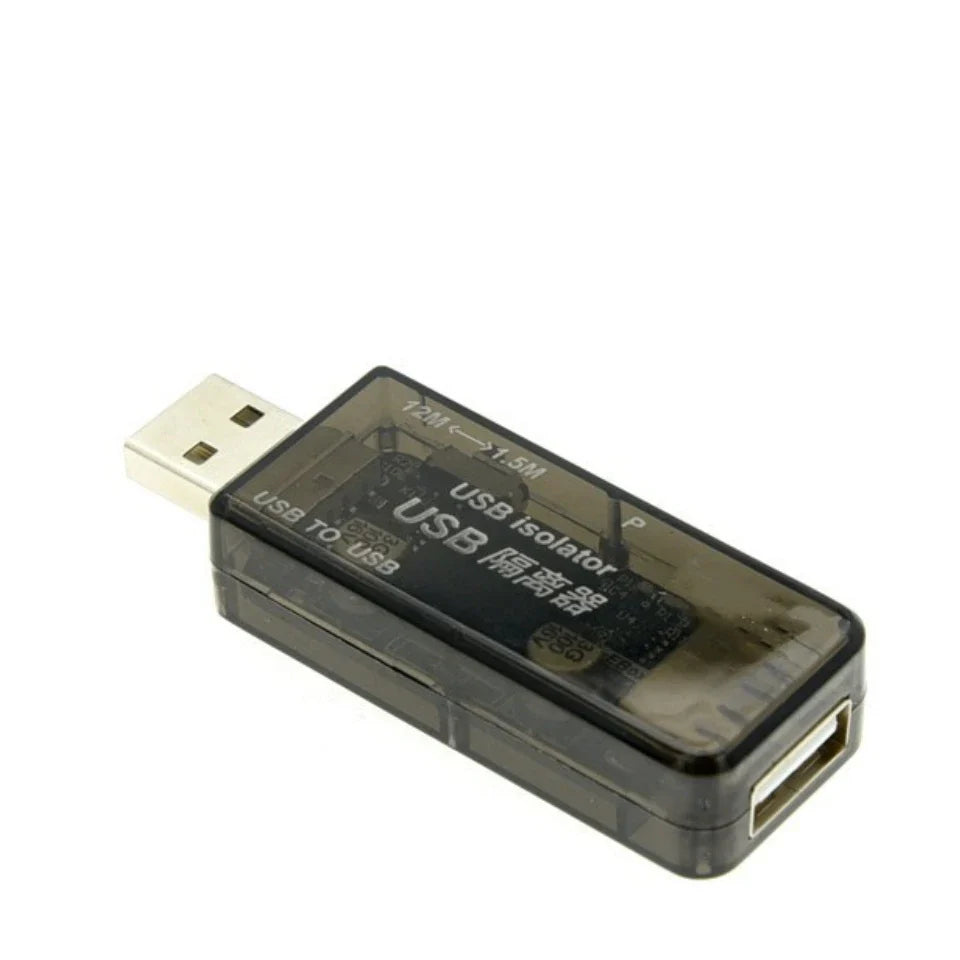 Black translucent usb isolator with visible circuitry and silver connectors featuring adum3160 isolation for usb2.0 480m high-speed