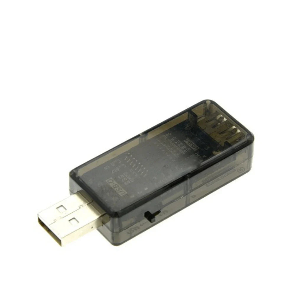 Transparent black usb isolator voltage meter with visible circuitry and metallic connector featuring adum3160 isolation