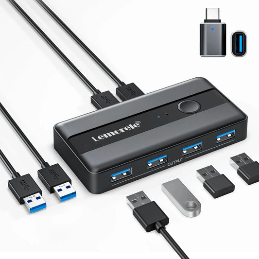 Black lemorele usb kvm switch adapter with four blue-lit usb 3.0 ports and power button for printer sharing and switching