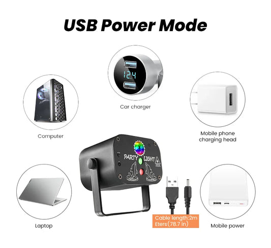 Black usb laser party light projector with colorful led display and remoter sound activated disco christmas design