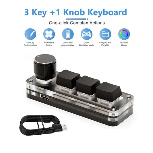 Compact black and silver mechanical keyboard gamer with 3 keys and custom programming knob usb-c cable for macro custom keyboard use