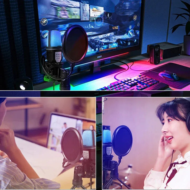 Blue mesh pop filter on a black stand for usb microphone clear full rgb capacitive gaming esports desktop microphone