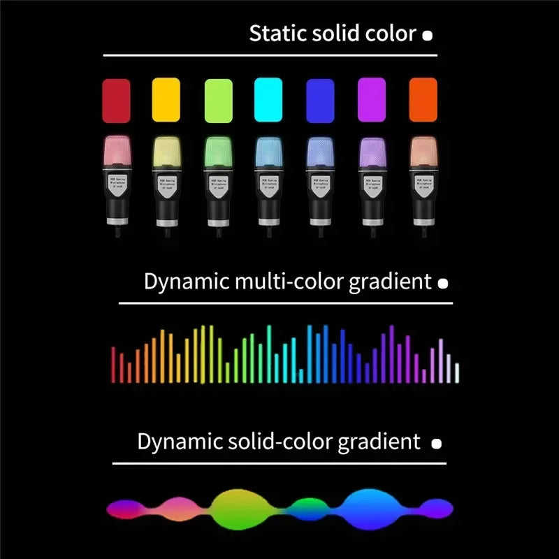 A set of seven usb-powered car chargers with distinct solid colors and rgb capacitive lighting for podcast recording studio use