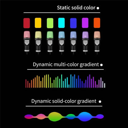 A set of seven usb-powered car chargers with distinct solid colors and rgb capacitive lighting for podcast recording studio use