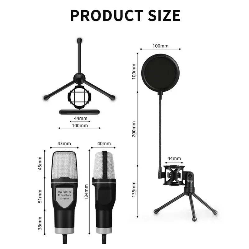 Black and silver rgb capacitive gaming esports desktop microphone with mesh grille for podcast recording studio use