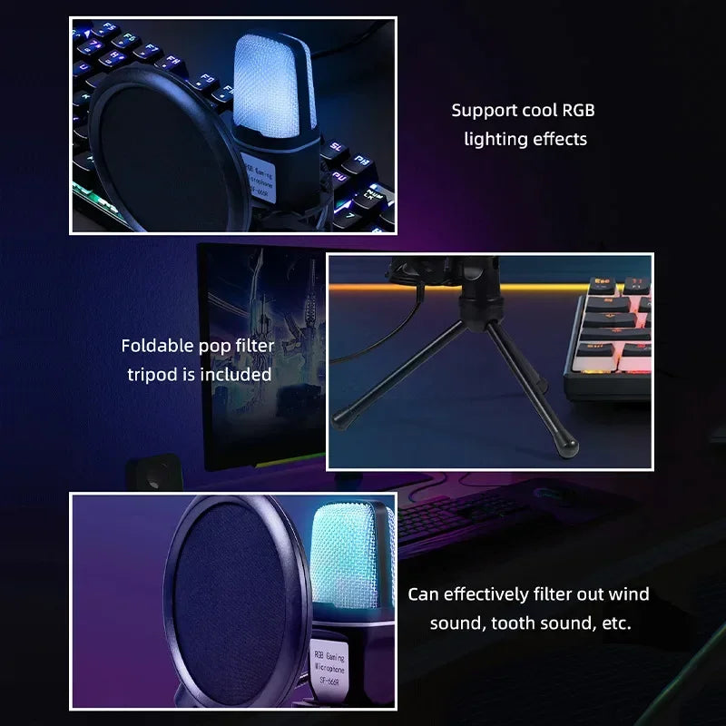 A sleek cylindrical usb microphone with mesh grille and rgb capacitive gaming lighting for podcast recording studio and esports desktop use