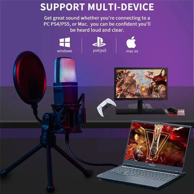 A sleek rgb capacitive gaming condenser microphone with led lighting pop filter and shock mount for podcast recording studio and esports desktop use
