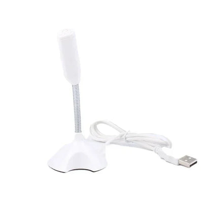 White desktop usb microphone with flexible metallic gooseneck and streaming mikrofon stand for gaming and studio use