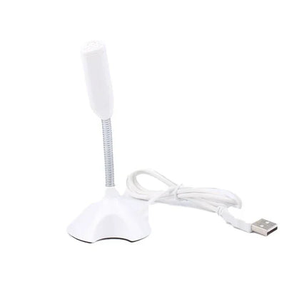 White desktop usb microphone with flexible metallic gooseneck and rounded head for gaming streaming and studio singing