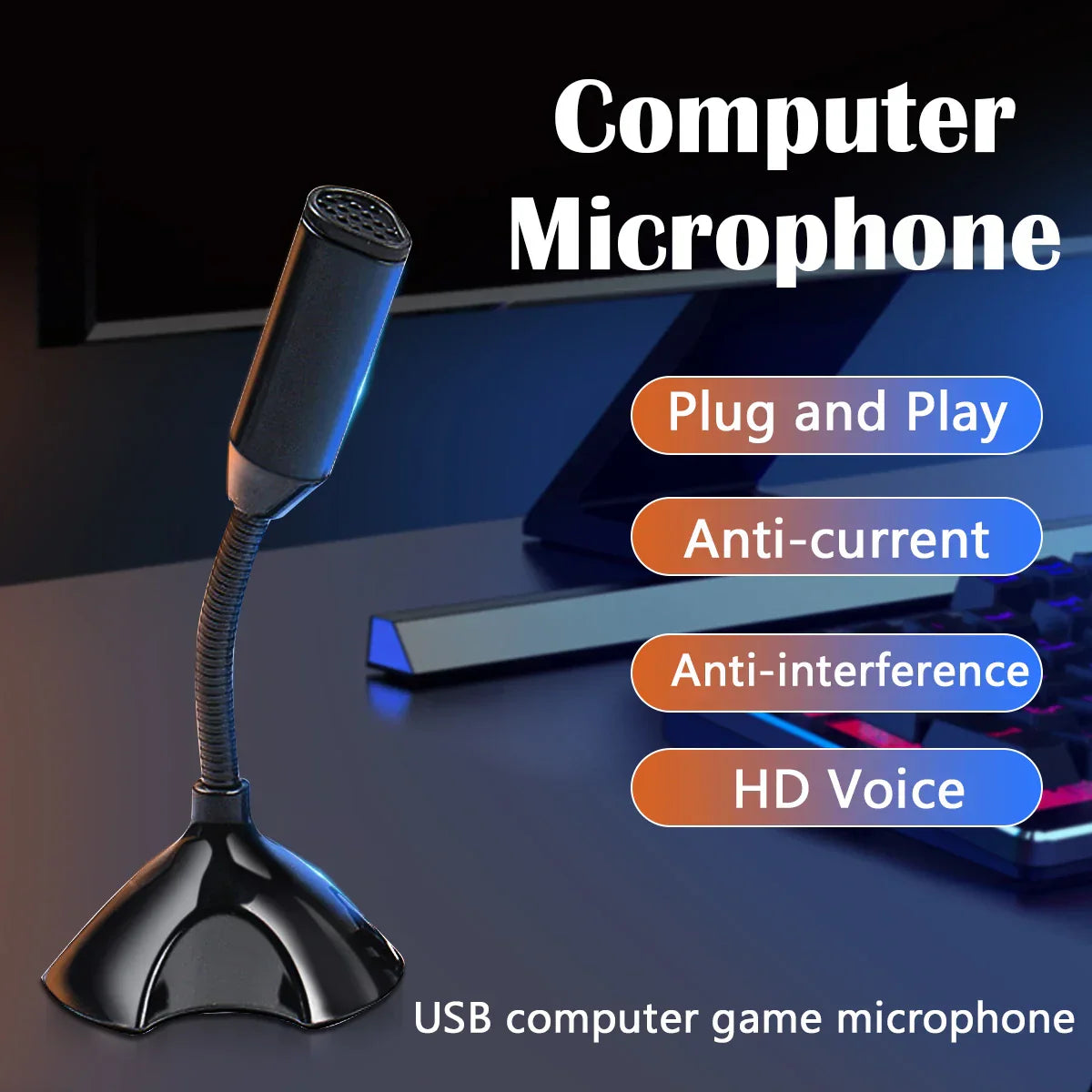 Black usb microphone with flexible gooseneck and glossy finish for studio singing gaming and streaming mikrofon stand use