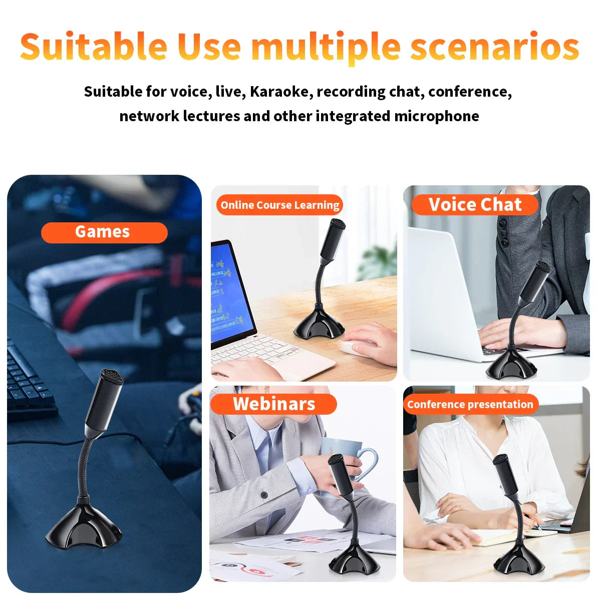 Black usb microphone with flexible gooseneck and desktop holder for studio singing gaming streaming mikrofon stand use