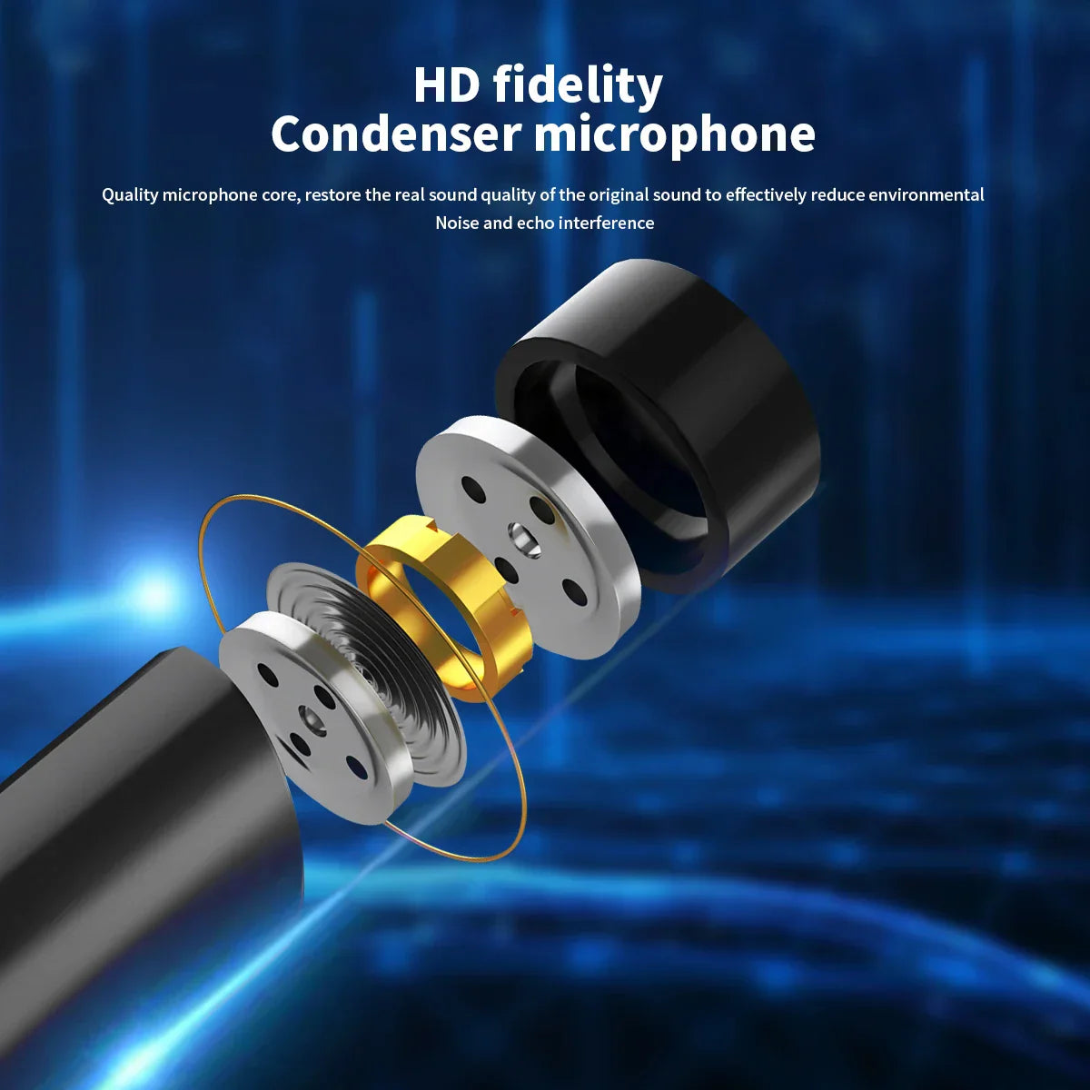 Hd fidelity usb condenser microphone with black exterior and exposed silver gold rings for studio singing gaming streaming mikrofon stand