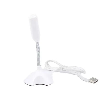 White desktop usb microphone with flexible metallic gooseneck for adjustable studio singing and gaming streaming mikrofon stand